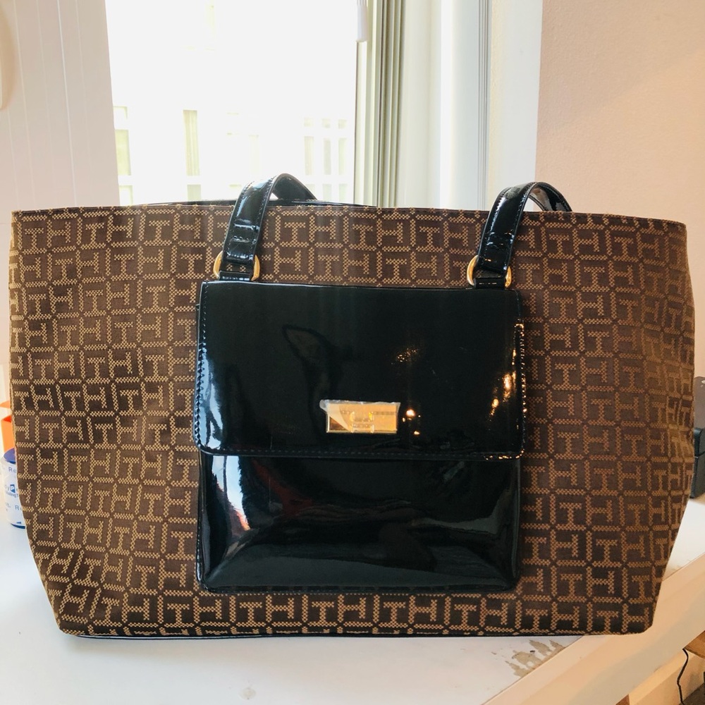 Tommy Hilfiger Glossy Black and Patterned Brown Tote NWOT